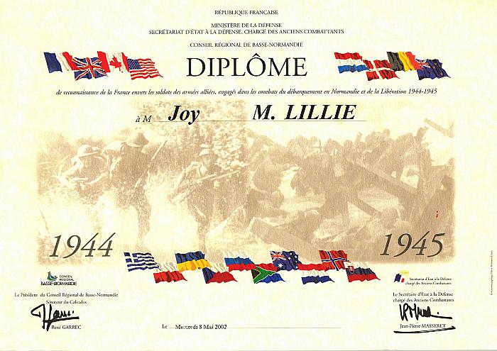 French Government Diploma Presented to Joy Lillie for her Service During WWII