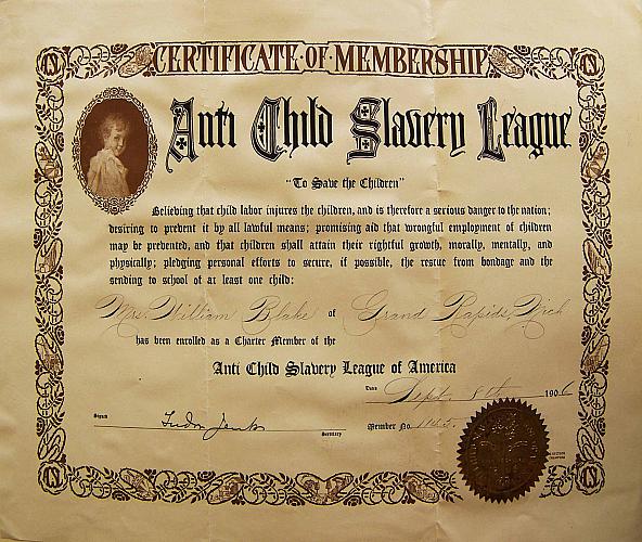 Anti Child Slavery League Certificate
