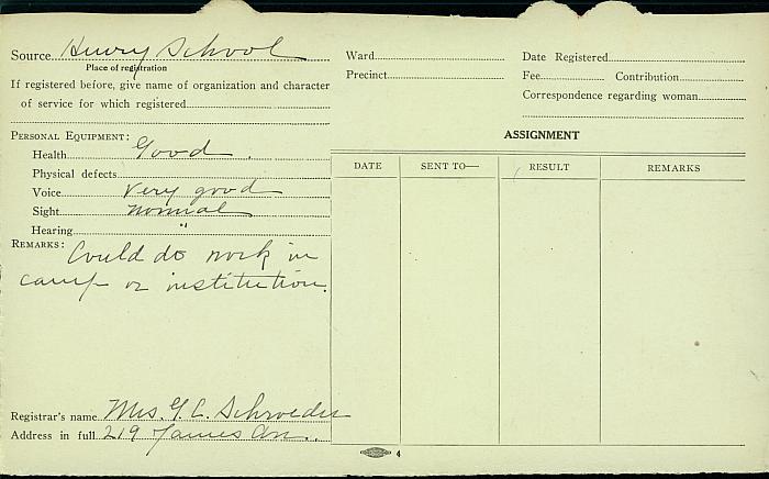 Bertha Brazelton Registration Card, back