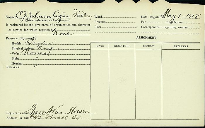 Agnes Bell Registration Card, back