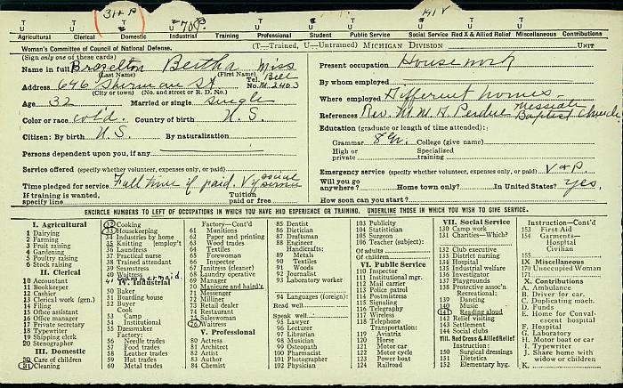 Bertha Brazelton Registration Card, front